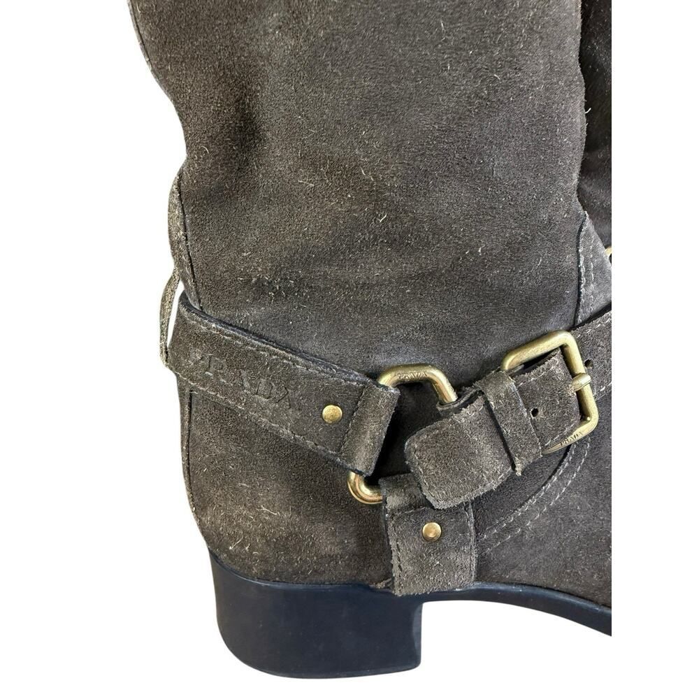 Prada Brown Mid calf Suede Biker Boots with Gold Buckle Logo EU 39 US 9 - Picture 3 of 13